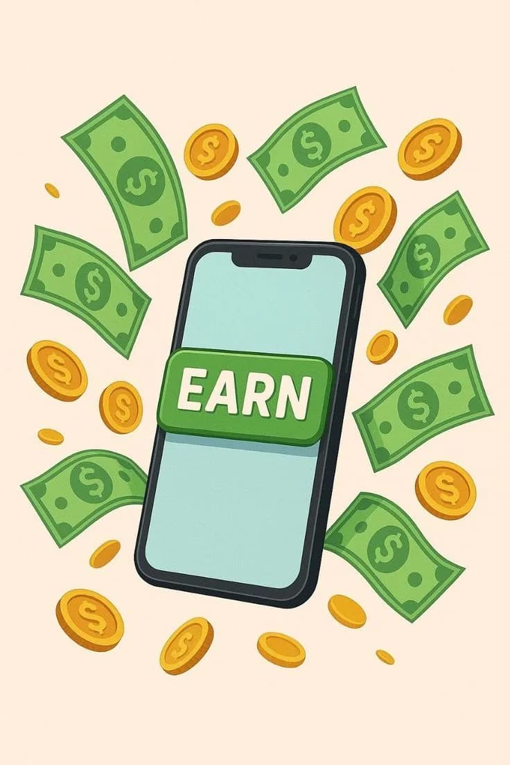 Flat illustration of a phone with an Earn button surrounded by banknotes and coins