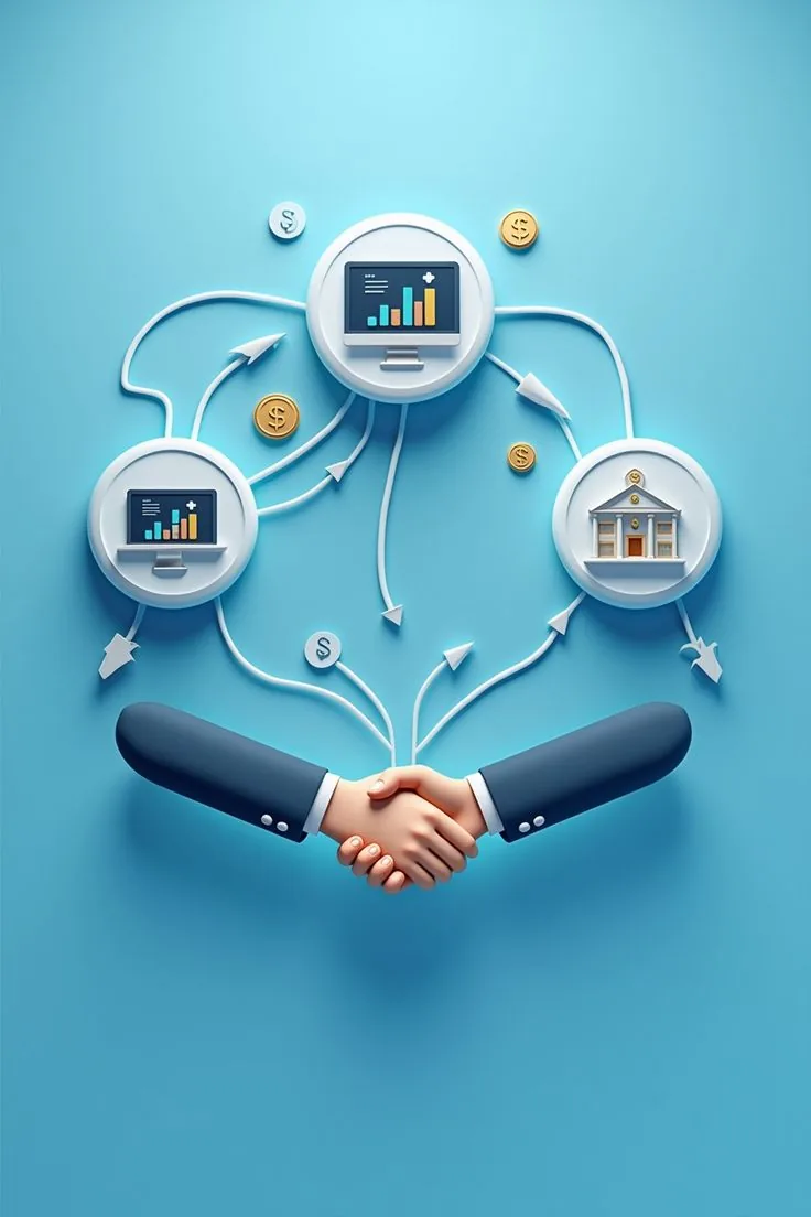 3D illustration of connected trading screens and a bank linked by a handshake