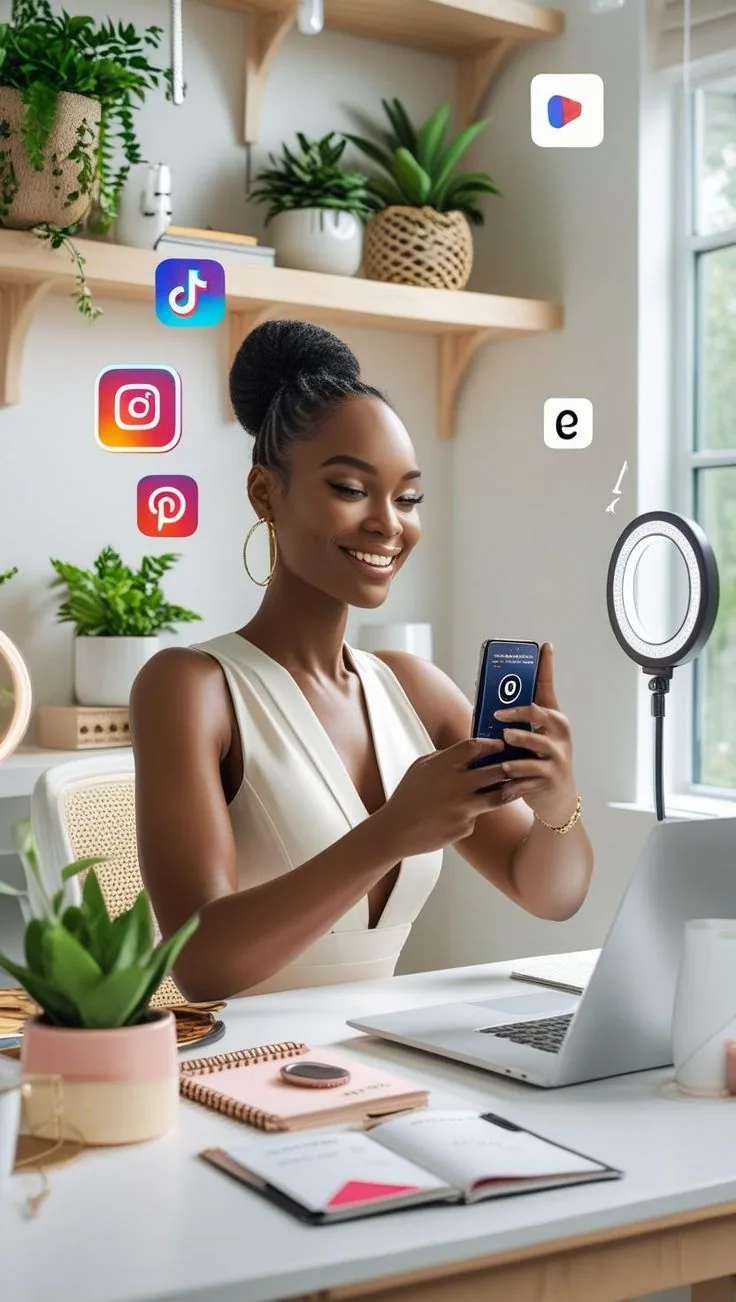 Smiling content creator using a phone at a bright home-office desk with a ring light