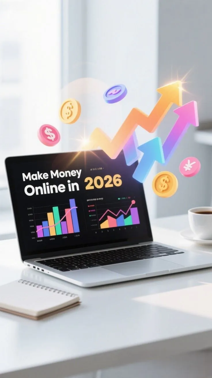 Laptop showing growth charts with rising 3D arrows and coins on a bright desk