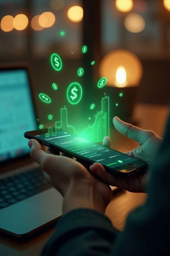 Hands holding a phone projecting a glowing green growth chart and dollar icons