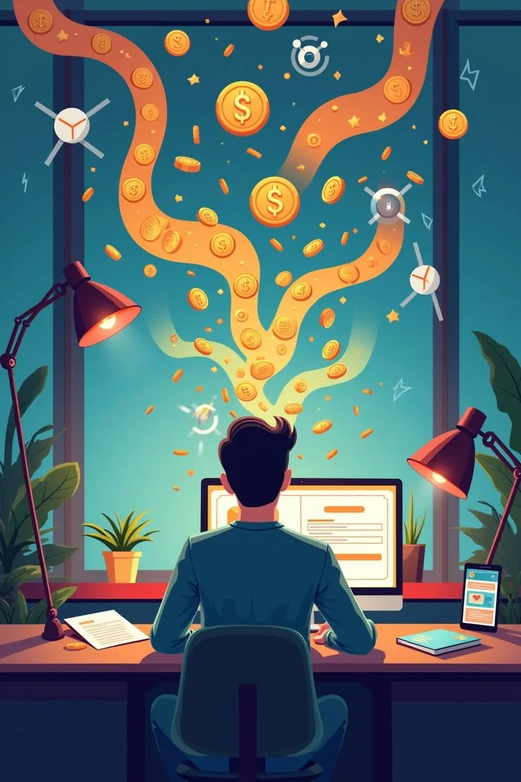 Illustration of a person at a desk with streams of gold coins flowing from the screen