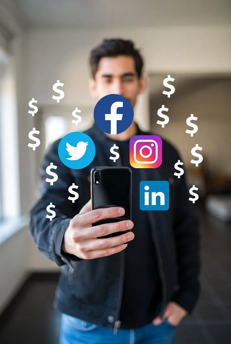 Man holding a phone surrounded by social media icons and dollar signs